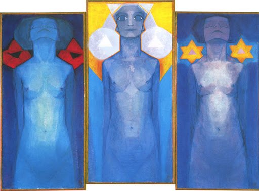 Evolução. Piet Mondrian. 1910-1911 -Óleo sobre tela (tríptico 178 cm x 85 cm, 183 cm x 87,5 cm e 178 cm x 85 cm) Localização: Gemeentemuseum, Haia
