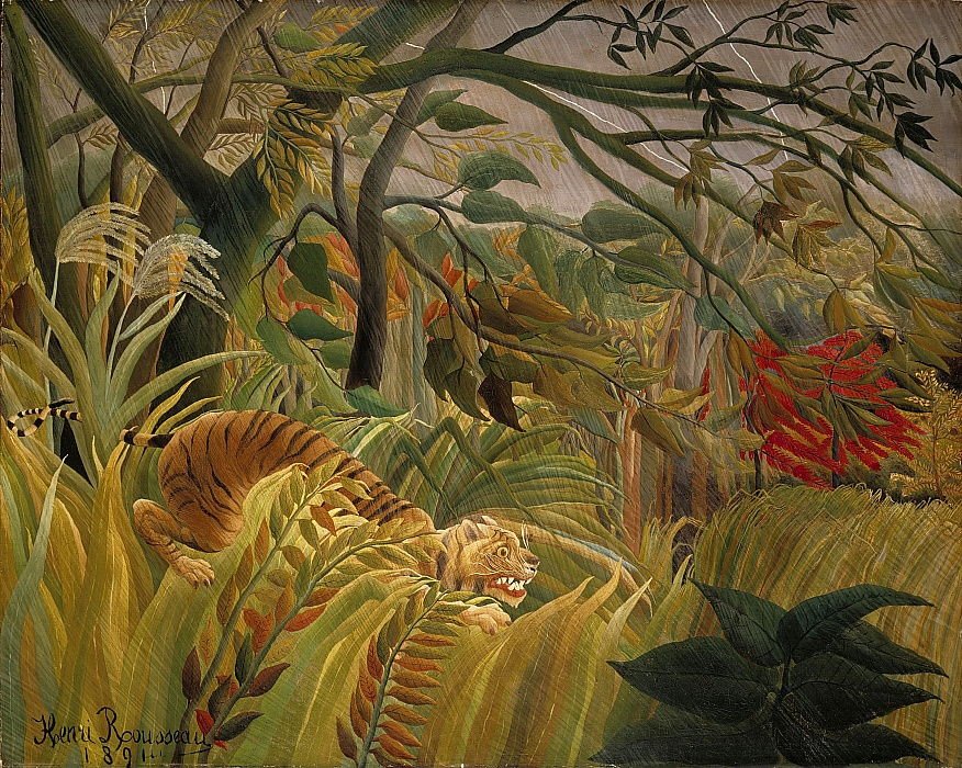 Tigre em uma Tempestade Tropical. Henri Rousseau.  1891 - Localização: National Gallery, Londres